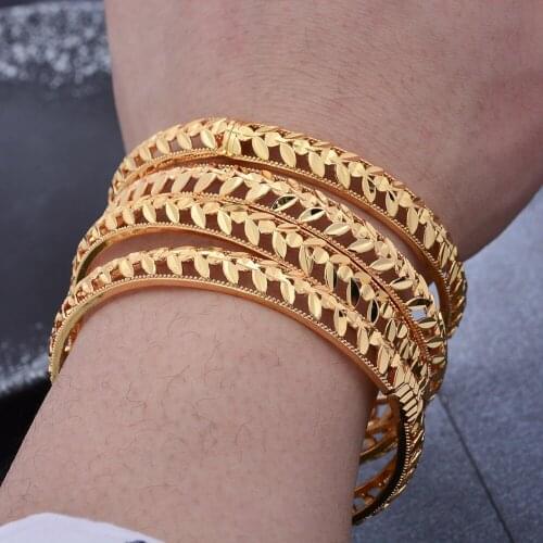 Dubai African 18K Gold Color Bangles For Women Girls Bridal Wedding Gifts Peace leaf Bracelet Middle East Ramadan Ornaments