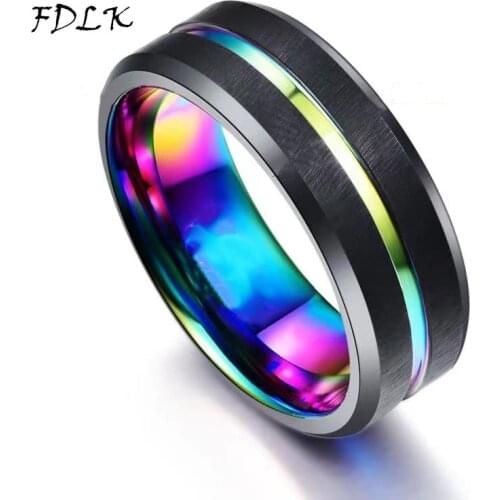 FDLK 8mm Fashion Mens Rainbow CZ Brushed Stainless Steel Ring Blue Groove Wedding Engagement Anniversary Ring Jewelry Gift