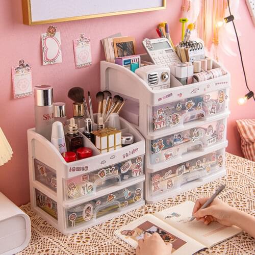 Ins Drawer Type Desktop Storage Box 3 layers Transparent Student Dormitory Miscellaneous Cosmetics Rack Desk Kawaii Organize Box