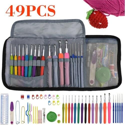 New 49 pcs Crochet Hooks Kit Yarn Knitting Needles Ergonomic Grip Bag Sewing Tool