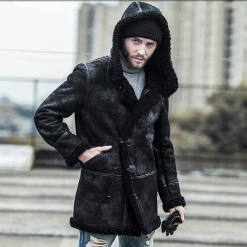 New naturall Fur one Medium Long Hooded Leather Fur Coat Vintage Mens Leather Jackets Sheepskin Genuine Leather Jacket Men