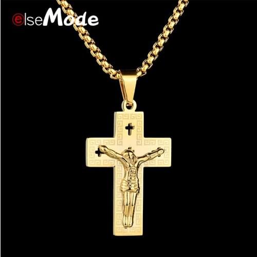 ELSEMODE Hollow Jesus Cross Necklace Gold Titanium Stainless Steel Crucifix Pendant Necklaces for Women Men Christian Jewelry