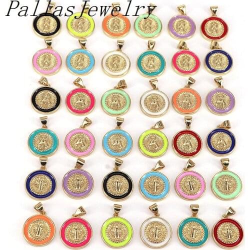 10Pcs 2021 Gold brass enamel Mother of God necklace charms rainbow color enamel plated Virgin Mary pendant for jewelry making