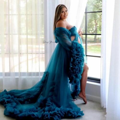 Luxury Maternity Dresses Ruffles Pregancy Women Gown for Photoshoot Boudoir Lingerie Tulle Bathrobe Nightwear Babydoll Robe