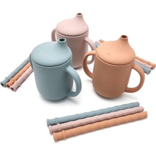 Silicone Baby Drinking Cup With Straw Double Handle Children Feeding Cups BPA Free Leak-proof Sippy Mugs With Lid Drinkware