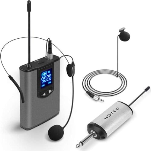 UHF Wireless Headset Microphone/Lavalier Lapel Mic with Bodypack Transmitter and Mini Rechargeable Receiver 1/4" Output, for Liv