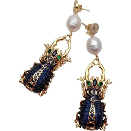 YYGEM Animal earrings Natural Freshwater Cultured White Rice Pearl Cubic Zirconia Pave Insect Stud Earrings