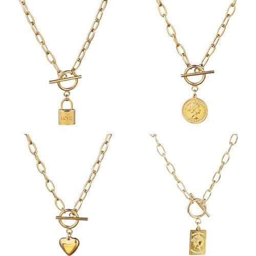 Long Pendant Necklaces Woman Stainless Steel Necklaces Coin Heart Choker Padlock Necklaces Pendant Chain Jewelri Necklaces