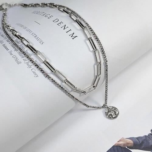 925 Sterling Silver Simple Round Brand Irregular Shape Double-layer Necklace Female Charm Trend Retro Jewelry Hypoallergenic