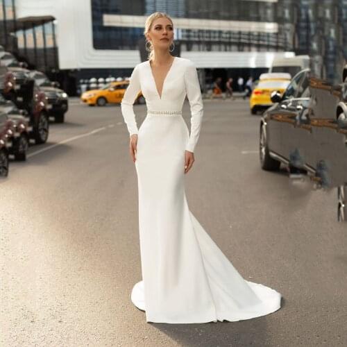Thinyfull Princess Floor Length Mermaid Wedding Dresses V Neck Long Sleeve Bridal Gown Sweep Train Backless Vestidos De Novia