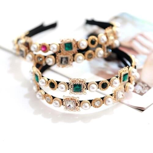 Party Round Pearl Rhinestone Jeweled Headband for Women Headwear 2021 Elegant Baroque Gem Metal Wide Hair Band Hoop Accessories