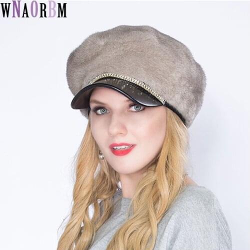 2021 real mink fur hat imported female fur cap luxury high-end hat natural fur hat ladies winter warm hat with cap octagonal cap