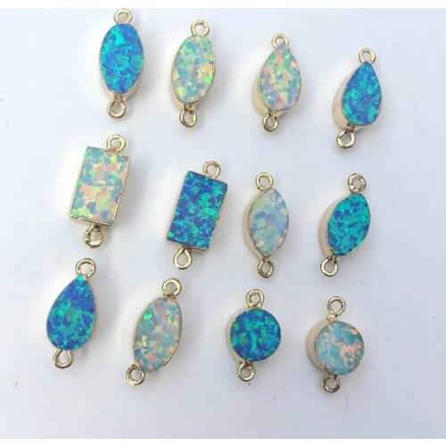 5PCS Man-made Opal Rectangle Circle Teardrop Oval Gold Frame Double Head Necklace Charm Pendant Bracelet Jewelry Making