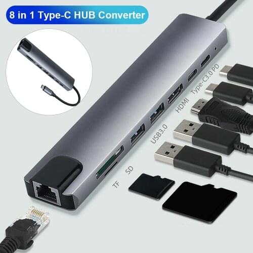 8-in-1 Type-C Hub Converter Splitter 4K USB 3.0 Card Reader RJ45 Adapter Computer Peripherals Portable Type-C Hub Converter
