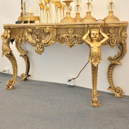 Antique Reproduction Rococo Style Brass Console Side Table L153W54H75cm Luxury Copper Furniture for Entrance Lobbby Fine Arts