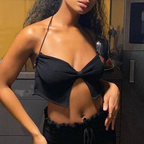 DSMTRC 2021 Summer Red Sleeveless Tank Top Cropped Club Fashion Outfits Knit Halter Hot Sexy Backless Camis Crop Tops for Women