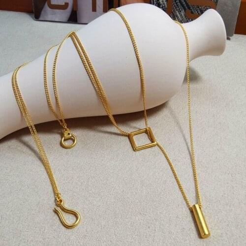 European and American Women jewelry retro gold simple geometric box round pendant asymmetric double necklace