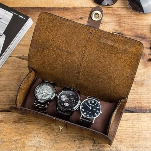 Genuine Real Leather 3 Watches Storage Box Roll Travel Antique Design Wristwatch Display Organizer Case
