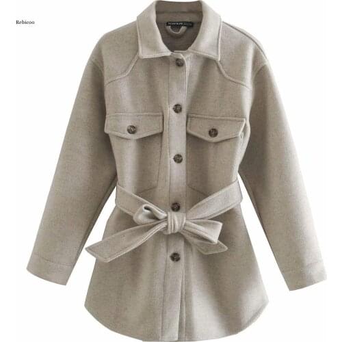 Turn Down Collar Jackets Women Fashion Tie Belt Waist Gray Coats Women Elegant Pockets Jackets Female Ladies