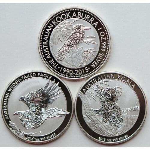 Mix 30pcs/lot (each 10 set)Free shipping Non Magnetic One Troy Ounce 1 oz Koala / Kookaburra / Eagle Brass plated Silver Coin