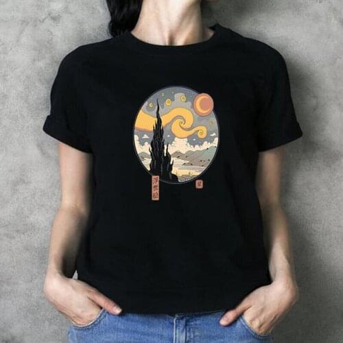Fashion Starry Ukiyo-e Night Print T Shirt Women Tops Summer Short Sleeve Harajuku Tee Shirt Femme Casual T-shirt Camiseta Mujer