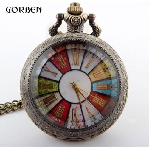 Bronze Colorful Wheel Rome Pocket Watch Necklace Pendant Chain Vintage Steampunk Quartz watches mens relogio de bolso
