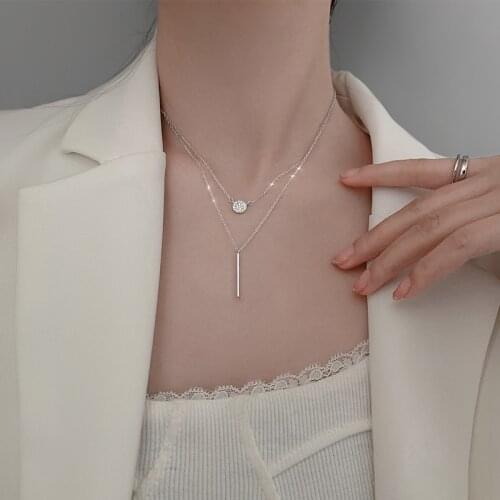 925 Sterling Silver Long Stick Pendant Necklace for Women Double Layer Geometric Necklace Wedding Jewelry S-N712