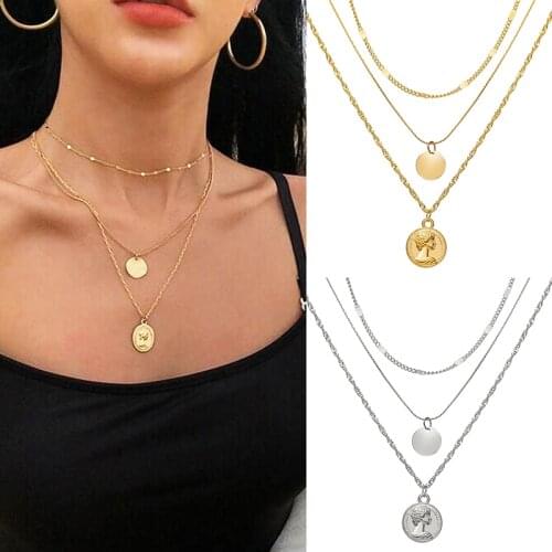 17KM Fashion Multilayer Round Portrait Coin Pendant Necklace For Women Trendy Gold Silver Color Choker Necklaces Jewelry