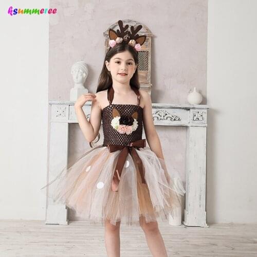 Girls Deer Tutu Dress with Headband for Christmas Xmas Party Kids Halloween Reindeer Cosplay Fancy Dress Cute Animal Kids Outfit