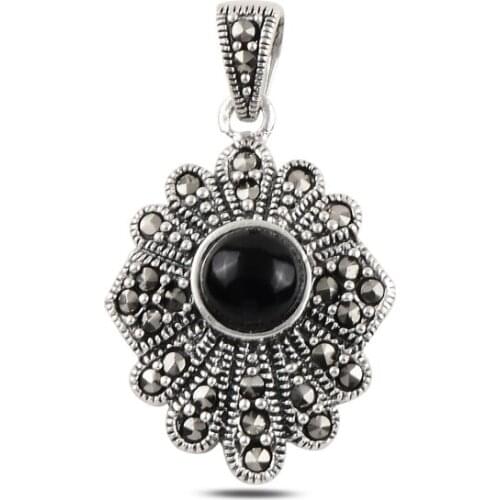 Silver 925 Sterling Onyx & Marcasite Pendant