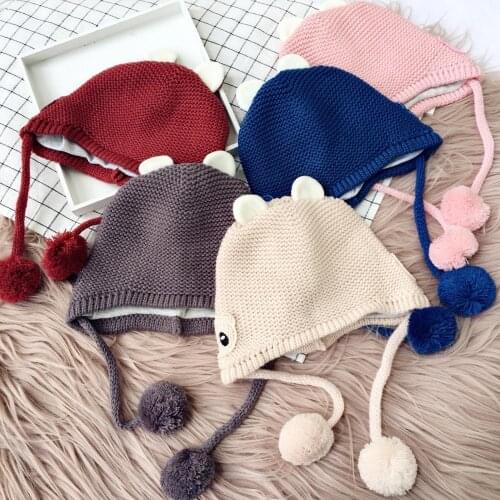 Kids Children Child Baby Skullies Beanies Boy Girl Hat Cap Winter Solid Cartoon Bear Pompom Ear Warm Elastic Fashion Accessories