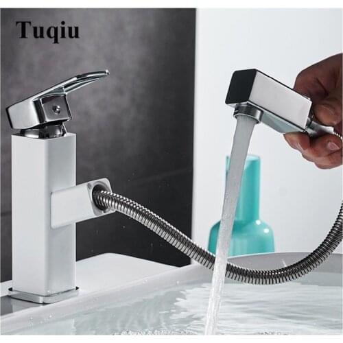 White and Chrome Bathroom Pull out basin faucet Single Lever Hot and Cold Sink Tap Mixer