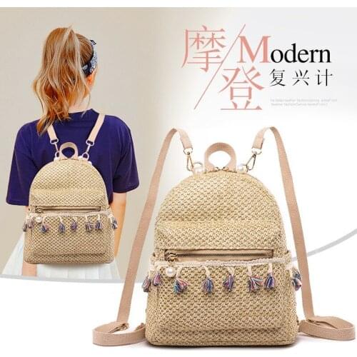 Bag Girl New Summer Straw Woven Bag Backpack Fashion Tassel Bag Student Backpack Female Bag Backpack Women Teen Girls Backpacks