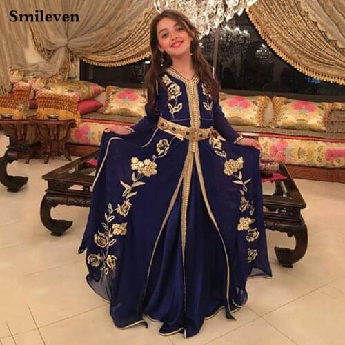 Smileven Navy Blue Chiffon Girl Morocco Caftan Evening Dress Long Sleeve Party Dress Lace Longo Dubai Special Occasion Dresses