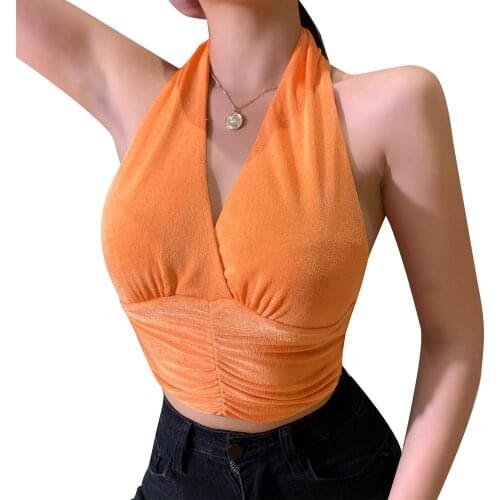 V Neck Backless Lace Up Halter Camisole Women Close-fitting Sexy Vest Orange Solid Color Sleeveless Crop Tops