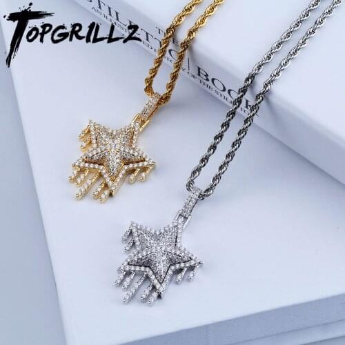 TOPGRILLZ Mens Women Iced Out Cubic Zircon Bling Drip Star Necklace & Pendant Gold Silver Color Hip Hop Jewelry Tennis Chain