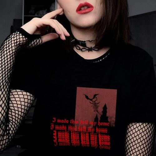 I Made Hell My Home T-shirt Gothic Grunge Style Devil Horror Graphic Print T-shirt Fashion Vintage Women Harajuku Halloween Top