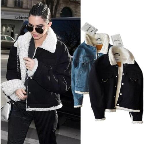 Women Autumn Winter Fleece Lining Denim Thicken Jacket Woman Sherpa Lined Denim Trucker Jackets Jeans Coats Outwear