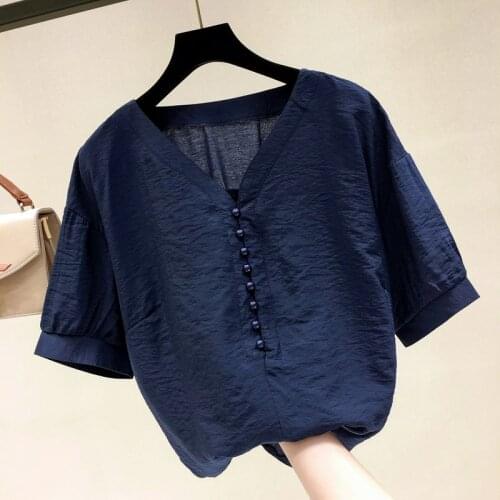 Chiffon Women Blouse Summer New 2021 Solid V-Neck Short-Sleeved Solid Casual All Match Female Pulls Outwear Tops