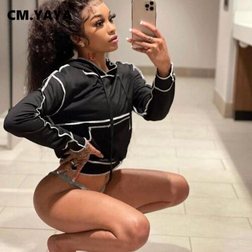 CM.YAYA Women Hoodies Draw String Solid Loose Hooded Crop Tops Female Sexy Fashion Pullovers Stylish Casualwear Autumn Clothing