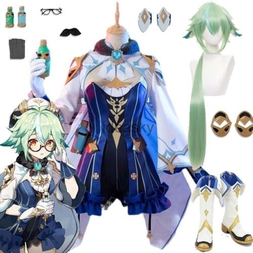 Anime Game Genshin Impact Sucrose Cosplay Costume Women Party Dress Halloween Carnival Outfit Wigs Shoes boots Glasses girls