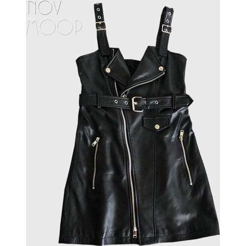 Novmoop high street fashion style women spring autumn A-Line black sheepskin genuine leather strap dress vestidos LT3033