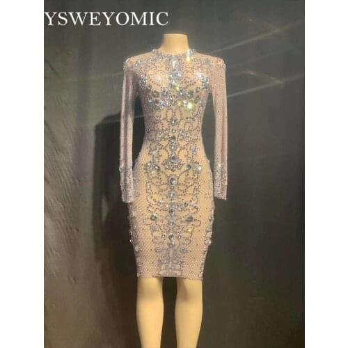 2020 Sparkly Silver Rhinestones See Through Dress Prom Party Mesh Outfit Women Dance Dress Birthday Celebrate Dress