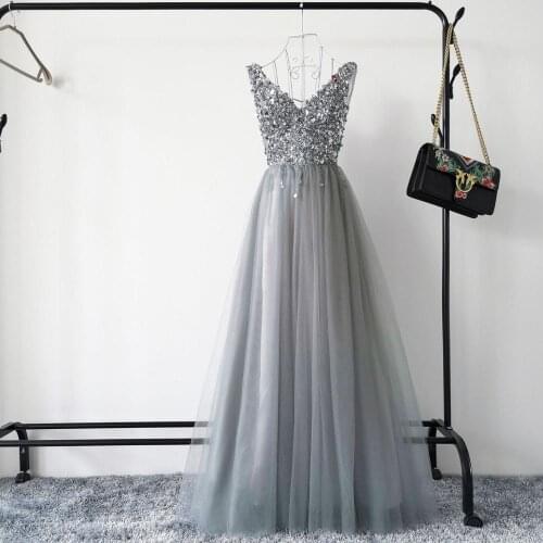 Backless Gray Lady Evening Party Dress Sequins Bling Oversize 2XL Sleeveless Cheongsam Classic Mesh Qipao Vestidos