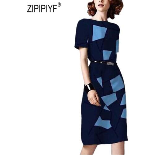 Noble Fashion Women Dresses Geometric Pattern Short Sleeve O Neck Pencil Short Dresses Mid Waist Office Lady Casual Dress Z2696