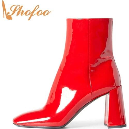 Red Square Toe Patent Leather Woman Ankle Boots High Chunky Heels Booties Zipper Large Size 13 16 Ladies Fashion Shoes Shofoo