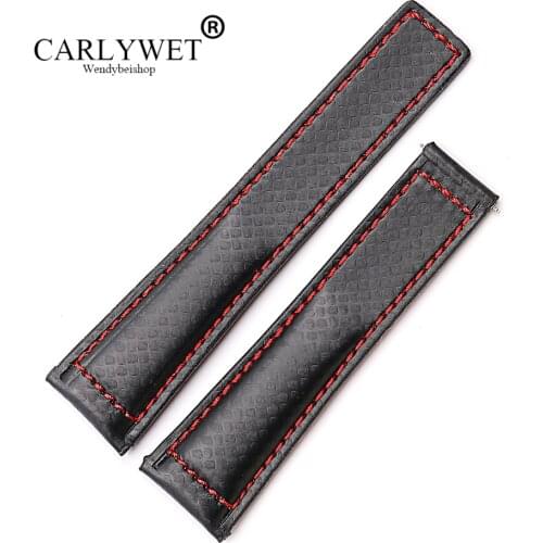 CARLYWET 20 22mm Wholesale Black With Red Stitches High Quality Genuine Leather Replacement Watch Band Strap Belt