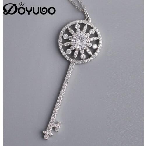 DOYUBO Classical Womens 925 Sterling Silver Key Pendant Necklaces Jewelry Female Luxury Cubic Zircon Key Fine Jewelry VA327