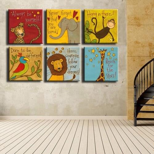Canvas Prints Oil Painting 6 Pieces/set Modern Cartoon Animals Wall Pictures Kids Room Wall Decor No Frame Posters