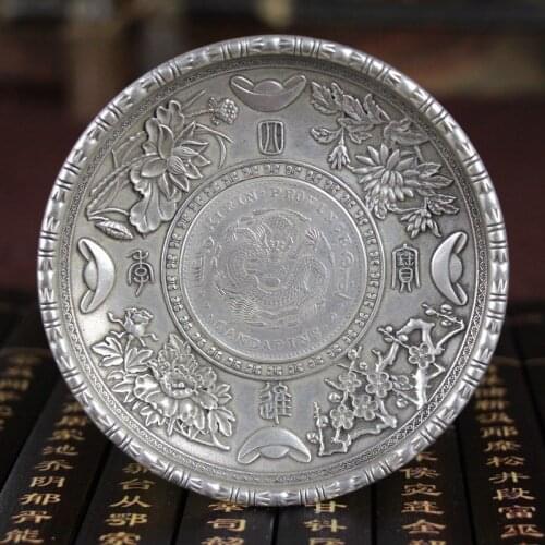 China Folk Tibet Silver White Copper Carving Zodiac Dragon Animal Statue Wash Dishes Plates